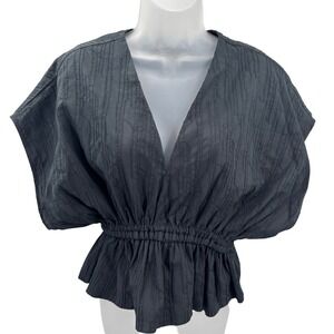 NWT Marie Oliver Black Crushed Pleated V-Neck Smocked Peplum Blouse Top Womens S